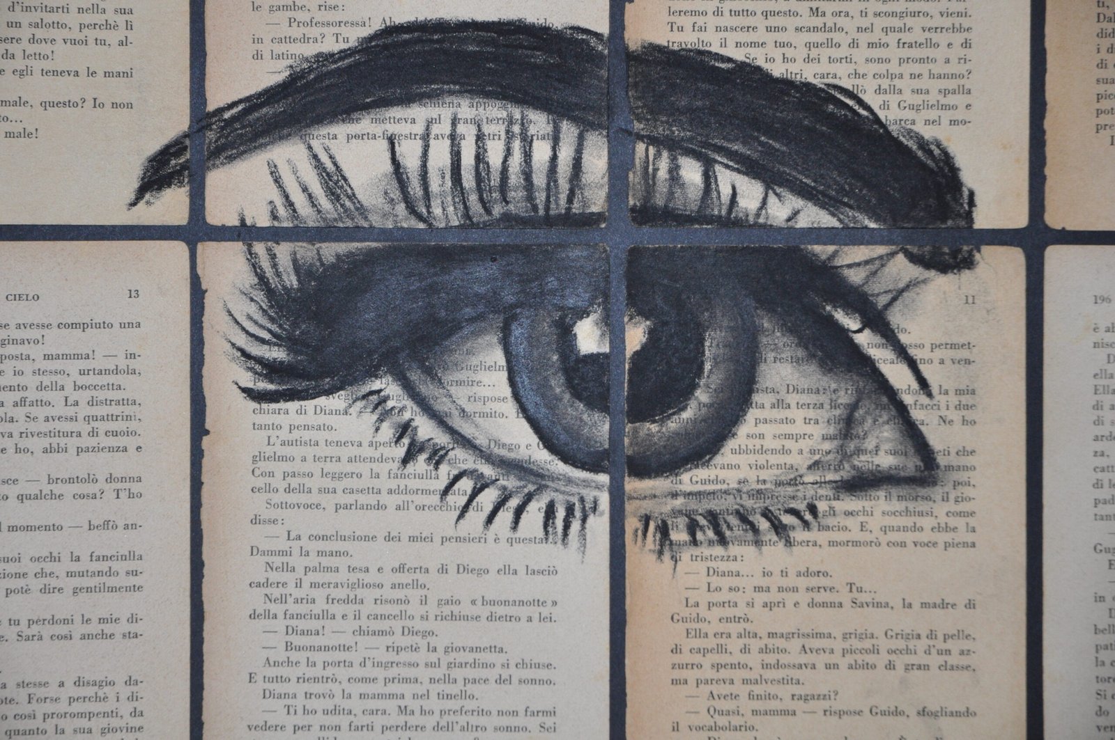 Photo d'un dessin de la moitié d'un visage de femme sur des feuilles de livre. Le livre est ici l'Arco Nel Cielo. L'image est zoomée sur l'oeil de la femme