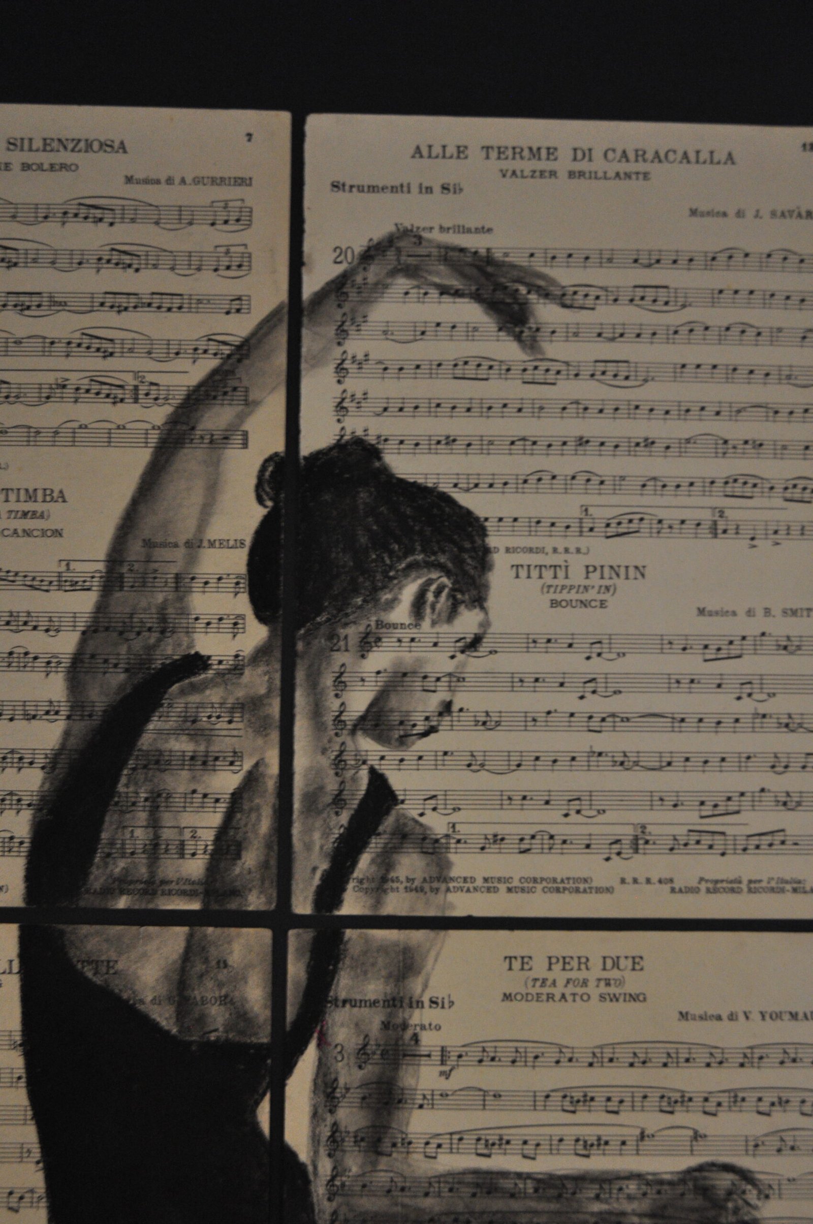 Zoom sur le dessin d'une danseuse sur une partition de musique venant d'Italie